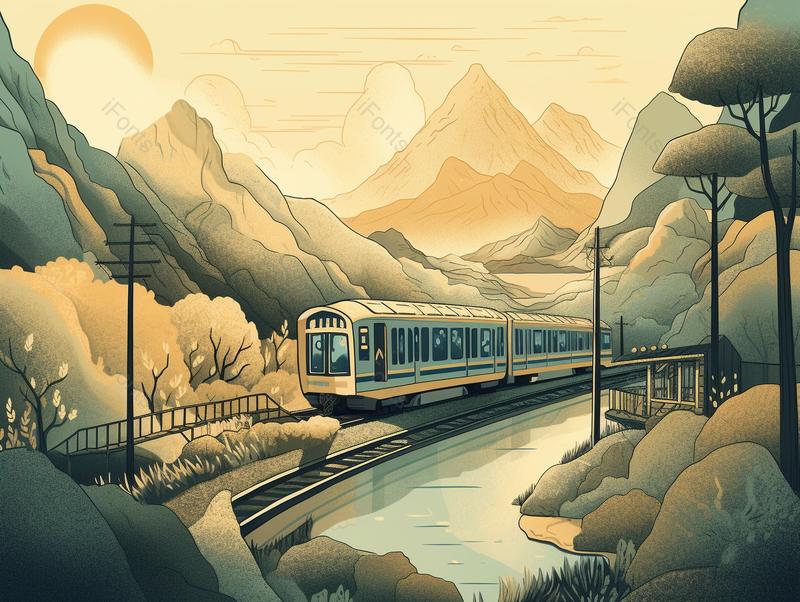 高铁在山路中开的怀旧背景,插画/手绘图,插画/手绘图库,插画/手绘图下载,插画/手绘